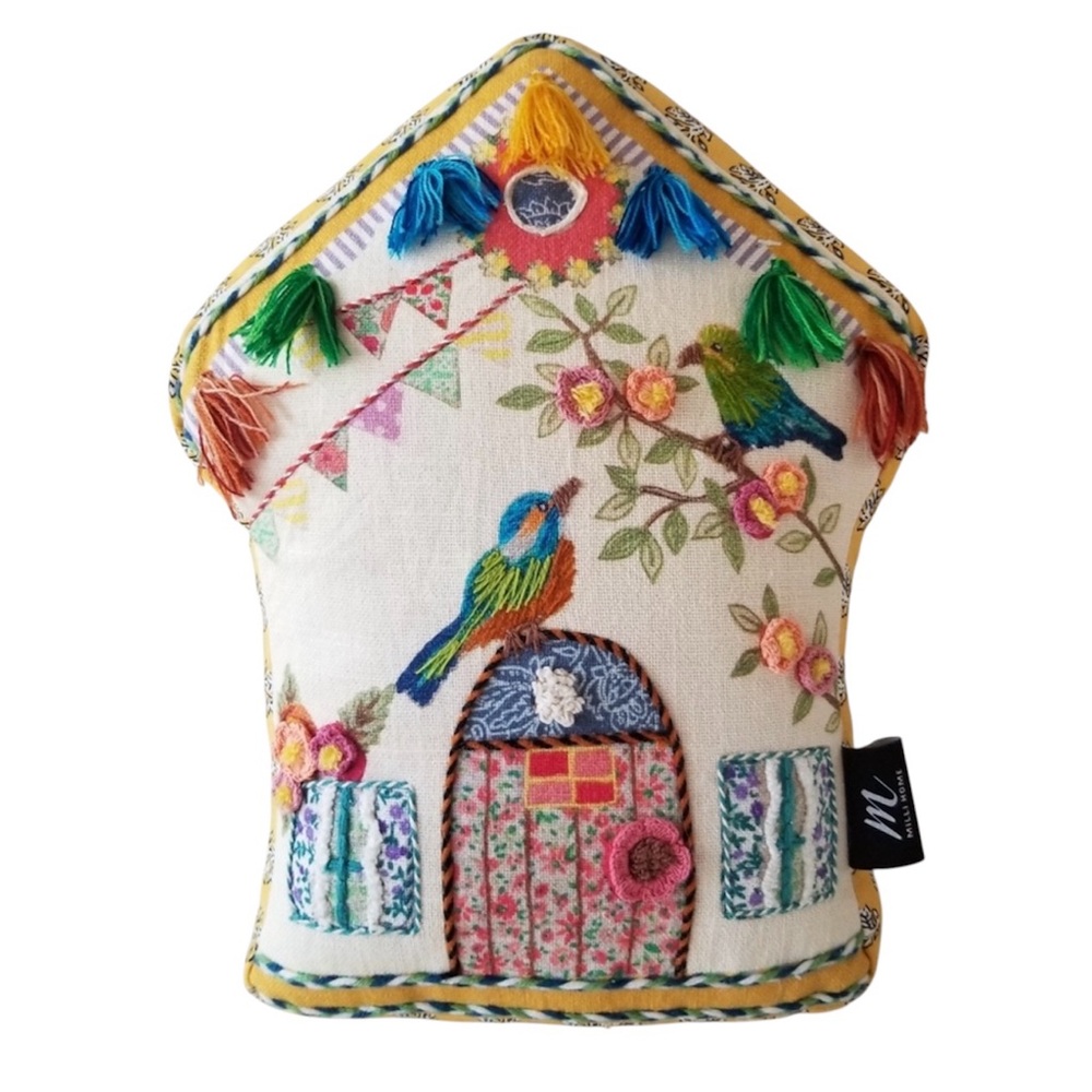 NEW Milli Home Birdhouse Accent Pillow with Embroidery Crochet Details